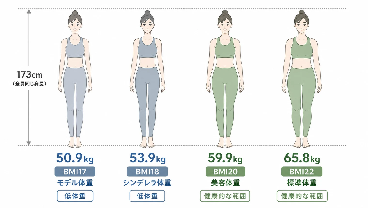 身長173cm女性の体型イメージ。モデル体重50.9kg、シンデレラ体重53.9kg、美容体重59.9kg、標準体重65.8kg。